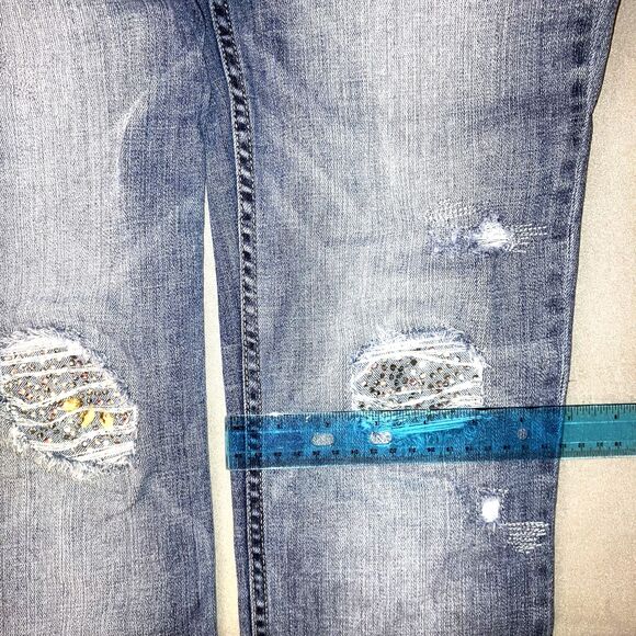 WHITE HOUSE BLACK MARKET THE SLIM 4 Rhinestone Knee Blue Denim Stretch Jeans Mid - Picture 6 of 11